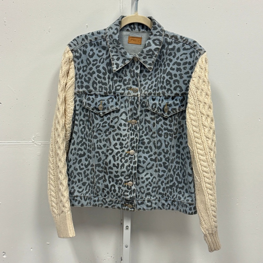 POL Leopard Print Denim Jacket Cable Knit Sleeves Blue Cream Small Oversized